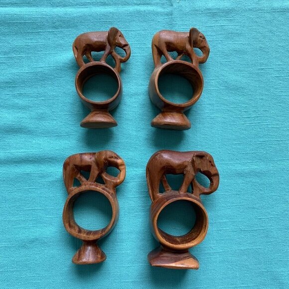 Vintage Handcarved Wooden Elephant Napkin Rings Set of 4 - Picture 2 of 6